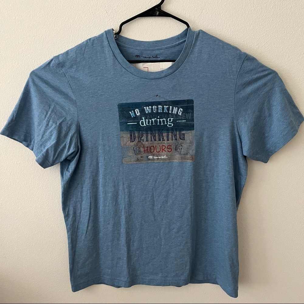 Travis Mathew No Working During Drinking Hours Sign SHIRT Sz XL Blue Pima Cotton
